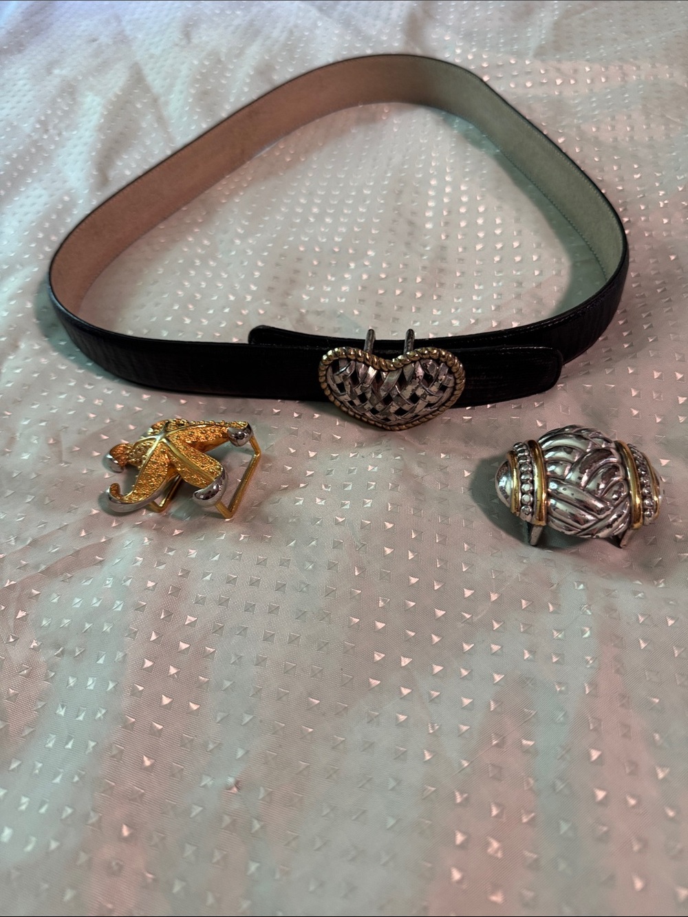Terry Stack Belt Leather Medium with 3 Buckles, Heart, Starfish and Weave.